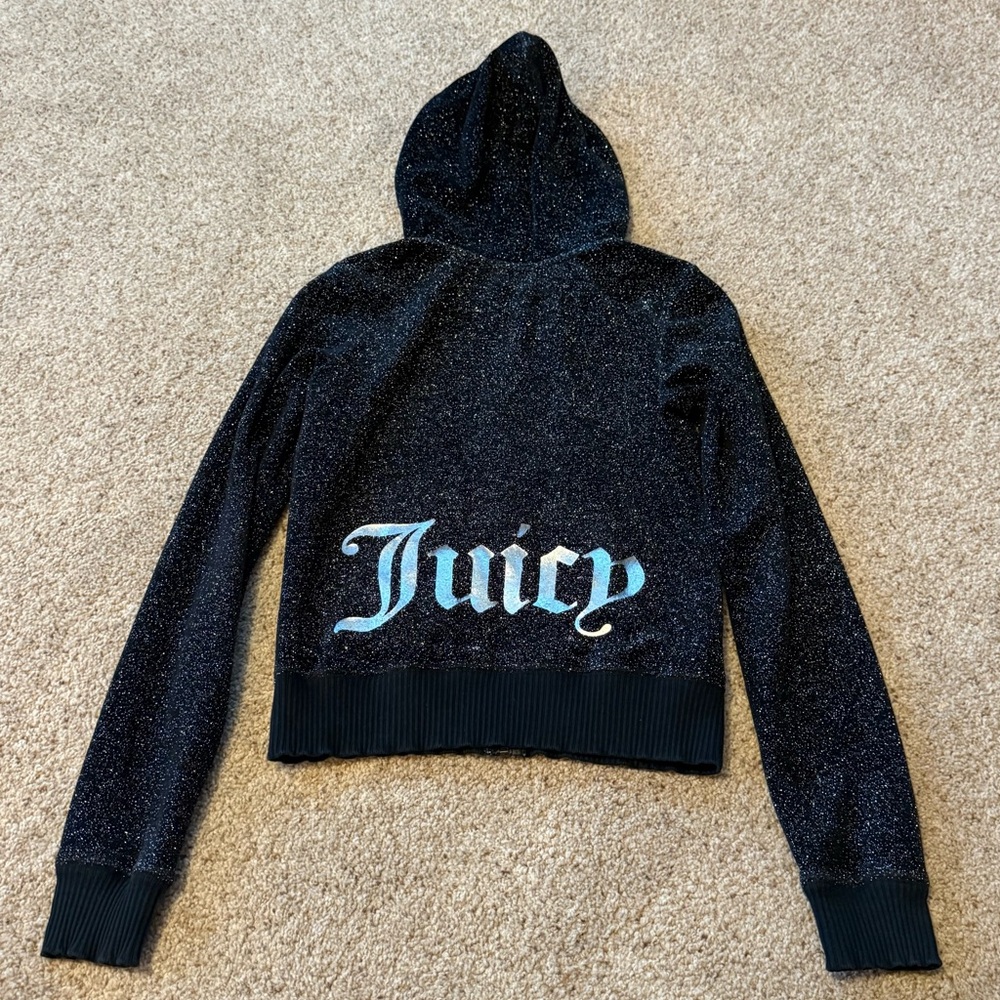 Vintage Juicy Couture Y2K Velour Track Jacket Black Sparkle Size Small